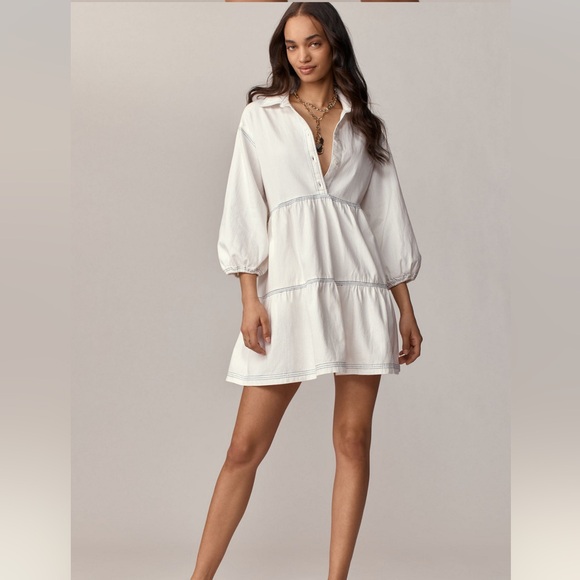 Anthropologie Dresses & Skirts - The Bettina Tiered Shirt Dress: Mini Edition in White & Blue 🩵 Bridal Era 🩵